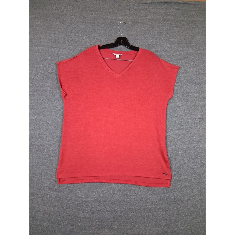 Orvis Womens Shirt Large Red Coral Knit Lightweight Pullover Nylon Casual Cozy